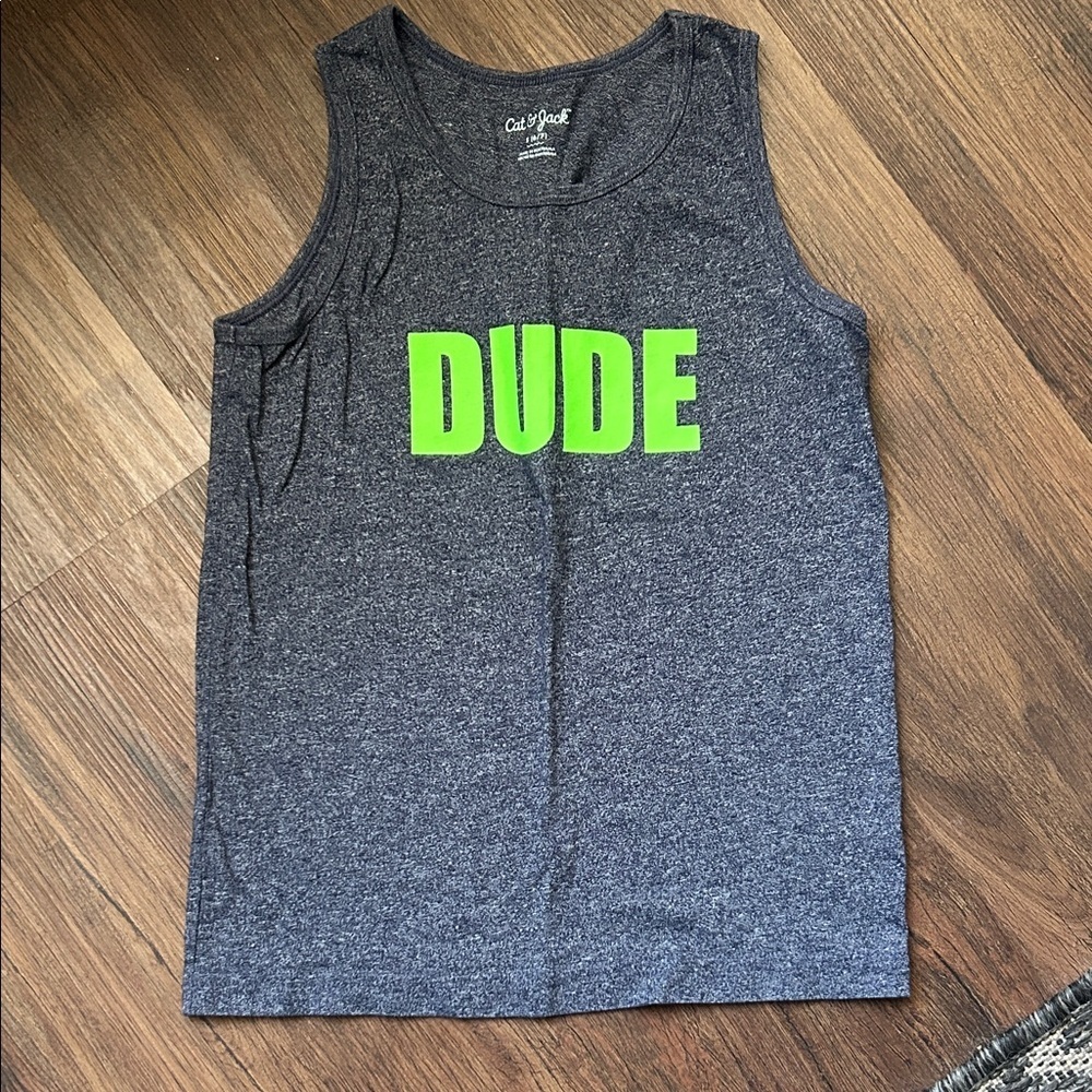 Cat & Jack blue/green "Dude" sleeveless tank top, kids size small 6/7
